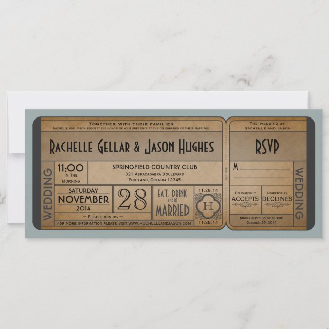 Vintage Wedding Ticket Invitation with RSVP II (Front)