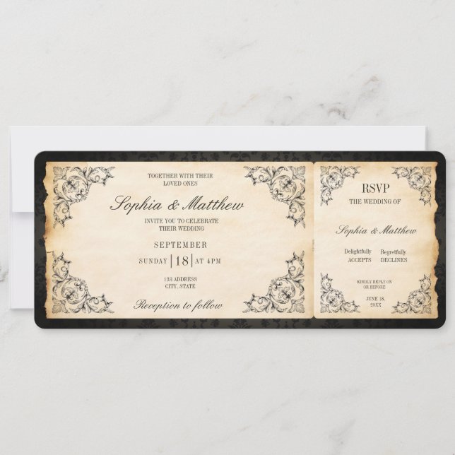 Vintage Wedding Ticket RSVP Baroque Black Invitation (Front)