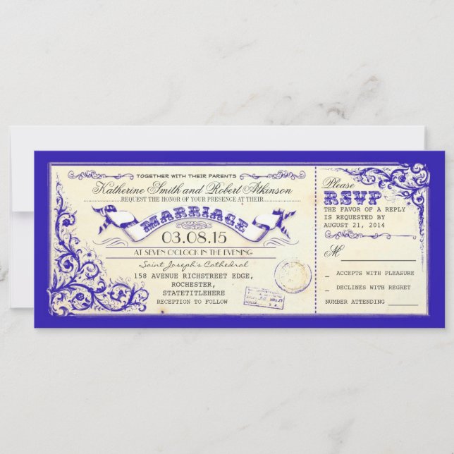 vintage wedding tickets & blue elegant flourishes invitation (Front)