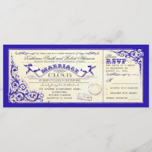 vintage wedding tickets & blue elegant flourishes invitation