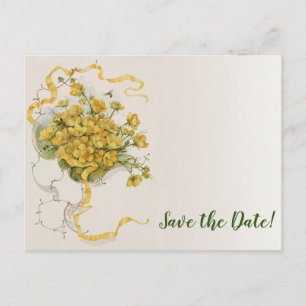 Vintage Wedding, Yellow Buttercup Flowers and Bees Announcement Postcard