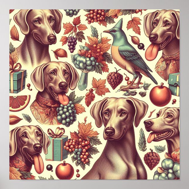 Vintage Weimaraner Seamless Illustration Poster (Front)