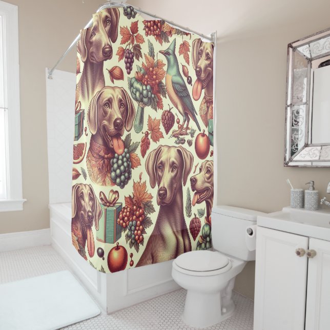 Vintage Weimaraner Seamless Illustration Shower Curtain (In Situ)