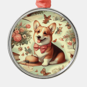 Vintage Welsh Corgi Cardigan Illustration Metal Tree Decoration