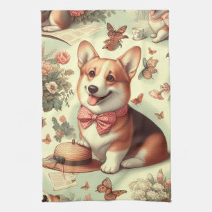 Vintage Welsh Corgi Cardigan Illustration Tea Towel