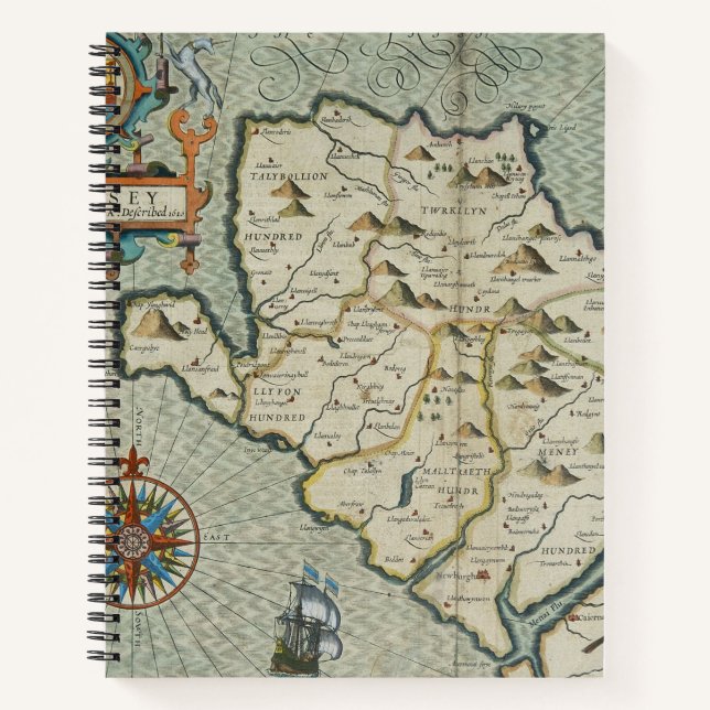 Vintage Welsh Island Map with Castle & Galleon Notebook (Front)
