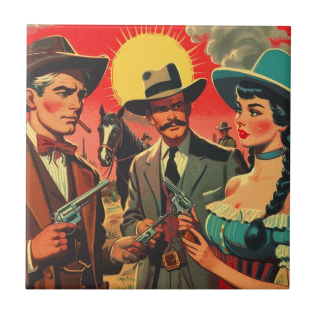 Vintage Western Comics Illustration Tile (Front)