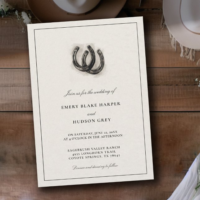 Vintage Western Country Horseshoes Rustic Wedding Invitation (western wedding invitation cowboy country horseshoes horse lovers vintage black white elegant)
