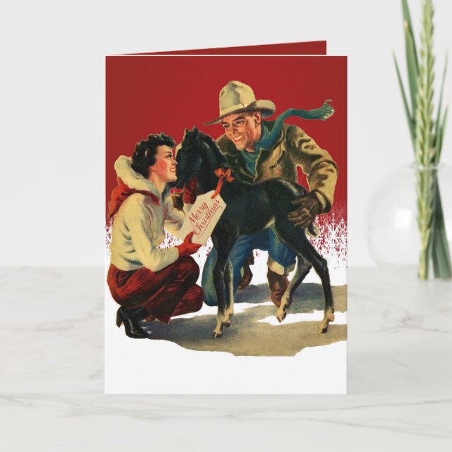 Vintage Western Cowboy Cowgirl Horse Christmas Card (Front)