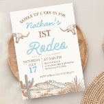 Vintage Western Cowboy First Rodeo 1st Birthday  Invitation<br><div class="desc">Vintage Western Cowboy First Rodeo 1st Birthday Invitation

Boy's vintage first birthday rodeo invitation featuring two longhorn cows,  a desert scene and rope style text.  The age is editable making this rodeo themed birthday invitation suitable for any age.</div>