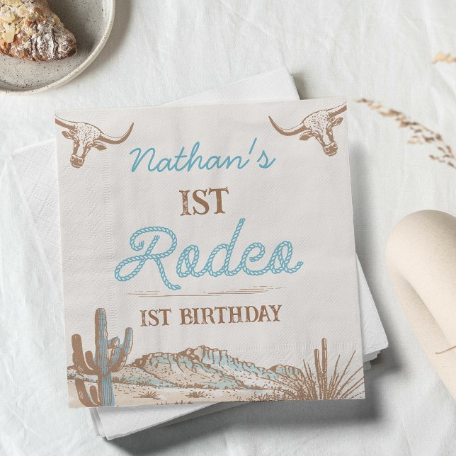 Vintage Western Cowboy First Rodeo 1st Birthday  Napkin (Boys First Rodeo Birthday Party Paper Napkin, Vintage 1st Rodeo Birthday Napkin, Western, Wild West )