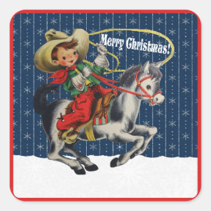 Vintage Western Cowboy Kid Horse Rope Christmas Square Sticker