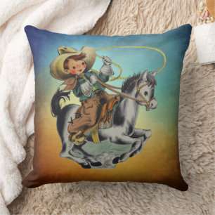 Vintage Western Cowboy Kids On Horse with Rope Cushion