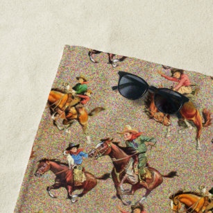 Vintage Western Cowboy Kids on Horses  Beach Towel