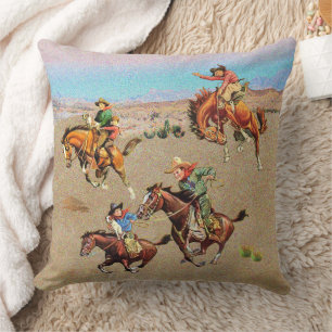 Vintage Western Cowboy Kids on Horses  Cushion