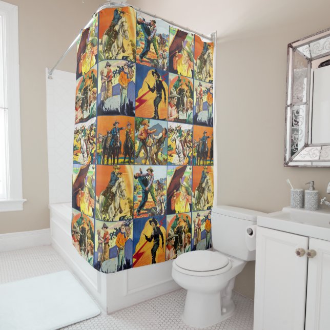 Vintage Western Cowboy Movie Poster Blocks Shower Curtain (In Situ)