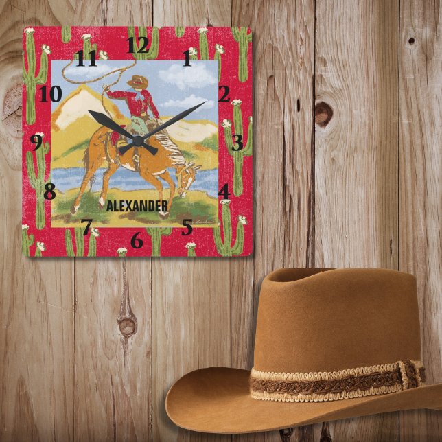 Vintage Western Cowboy Rodeo Art Wild West Theme Square Wall Clock (Creator Uploaded)