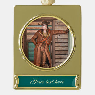 Vintage Western Cowboy Rustic Frontier Art Gold Plated Banner Ornament