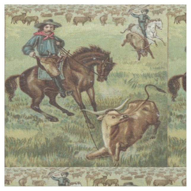 Vintage Western Cowboy Steer Roping Fabric (Close Up)