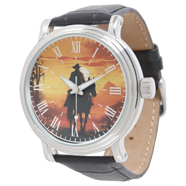Vintage Western Cowboy Sunset Roman Men's Leather  Watch (Angled)