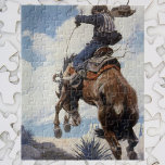 Vintage Western Cowboys, Bucking by NC Wyeth Jigsaw Puzzle<br><div class="desc">Bucking (1905) by NC Wyeth is a vintage fine art American West portrait painting. A man is trying to break his bucking bronco horse. The cowboy and stallion are among the cactus and sand in the desert of the Southwest. About the artist: Newell Convers Wyeth (1882-1945), aka N.C. Wyeth, was...</div>