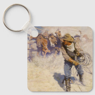 Vintage Western Cowboys, In the Corral by NC Wyeth Key Ring