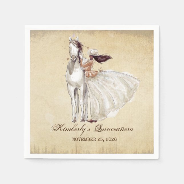 Vintage Western Cowgirl and Horse Quinceanera Napkin (Front)