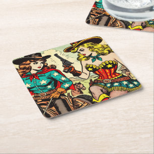 Vintage Western Cowgirl Comics Square Paper Coaster