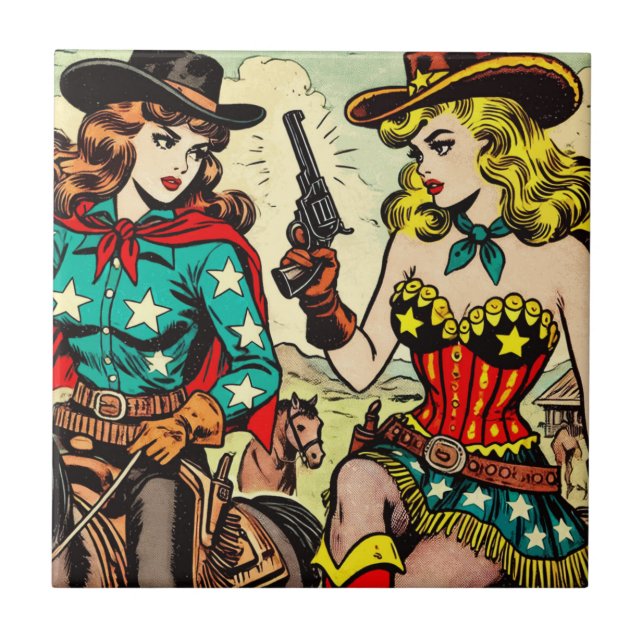 Vintage Western Cowgirl Comics Tile (Front)