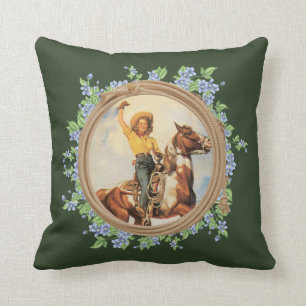 Vintage Western Cowgirl Horse With Rope Flowers Cushion