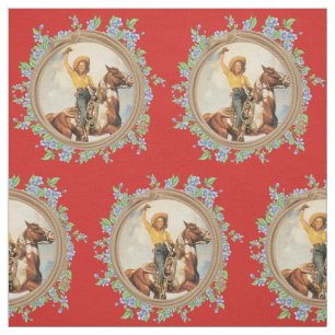 Vintage Western Cowgirl Horse With Rope Flowers Fabric