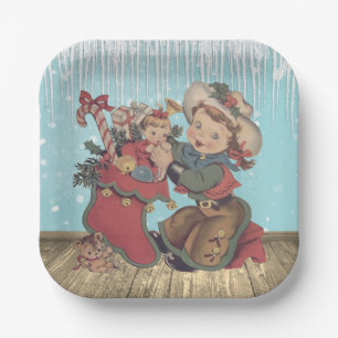 Vintage Western Cowgirl Kid and Christmas Stocking Paper Plate