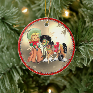 Vintage Western Cowgirl Kid And Horse Ceramic Tree Decoration
