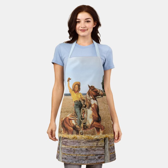 Vintage Western Cowgirl On Horse Waving Apron (Worn)