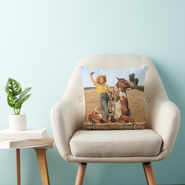 Vintage Western Cowgirl On Horse Waving  Cushion (Chair)