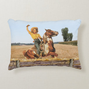 Vintage Western Cowgirl On Horse Waving  Decorative Cushion
