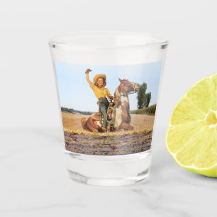 Vintage Western Cowgirl On Horse Waving Shot Glass