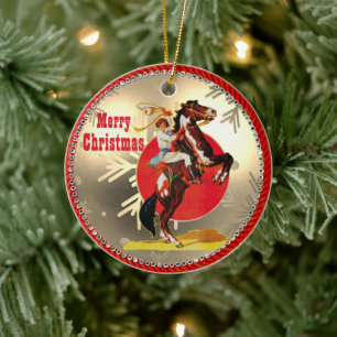 Vintage Western Cowgirl On Rearing Horse Ceramic Tree Decoration