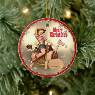 Vintage Western Cowgirl On Wooden Horse Ceramic Tree Decoration