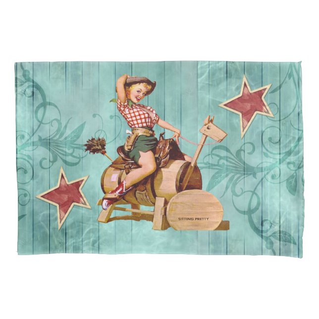 Vintage Western Cowgirl On Wooden Horse Pillowcase (Front)