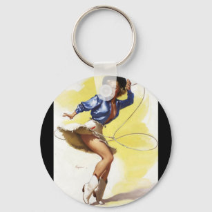 Vintage Western Cowgirl Pin UP Girl Key Ring