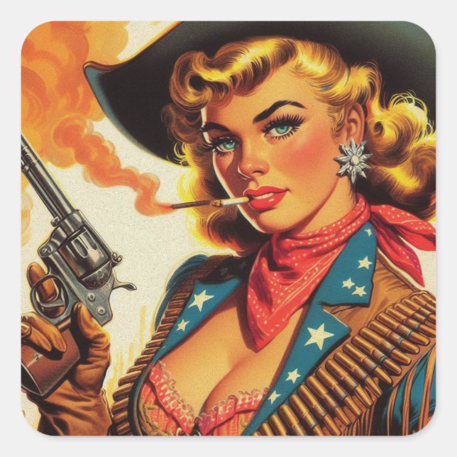 Vintage Western Cowgirl Pin Up Square Sticker (Front)