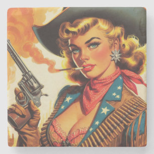 Vintage Western Cowgirl Pin Up Stone Coaster