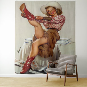 Vintage Western Cowgirl Putting On Red Boots  Tapestry