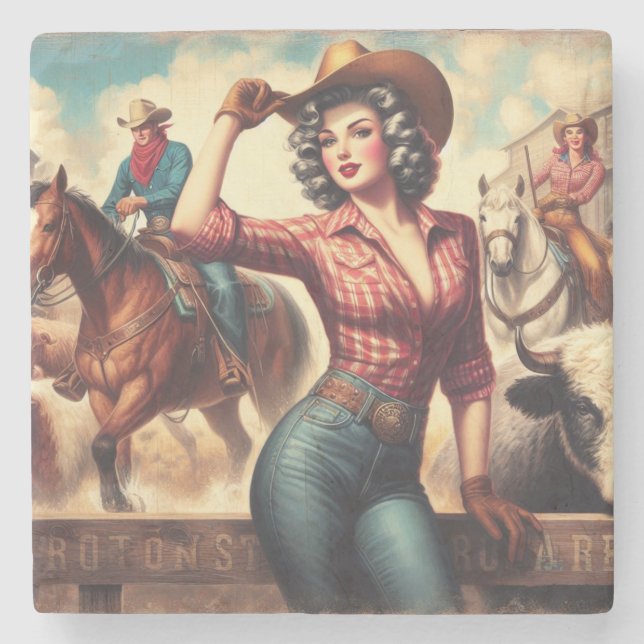 Vintage Western Cowgirl Stone Coaster (Front)