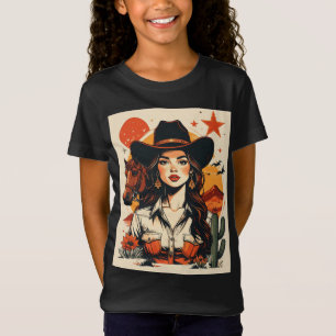 Vintage Western Cowgirl Sunset Illustration T-Shirt