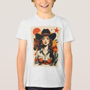 Vintage Western Cowgirl Sunset Illustration Tri-Blend Shirt