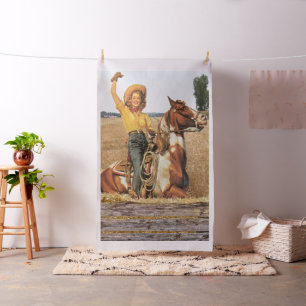 Vintage Western Cowgirl Waving By Fence -Lg. Print Fabric