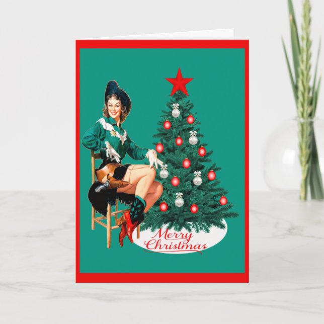 Vintage Western Cowgirl With Christmas Tree Holiday Card (Front)