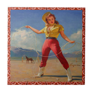 Vintage Western Cowgirl With Rope Tile